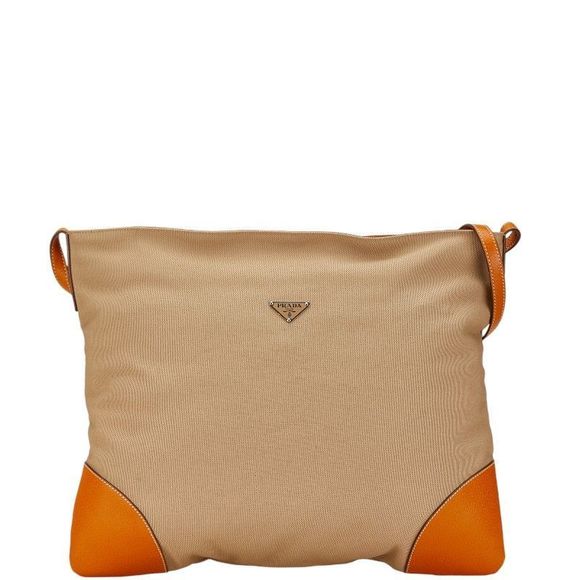 Prada Triangle Logo Plate Crossbody Shoulder Bag Beige Brown Canvas Leather - Picture 1 of 10